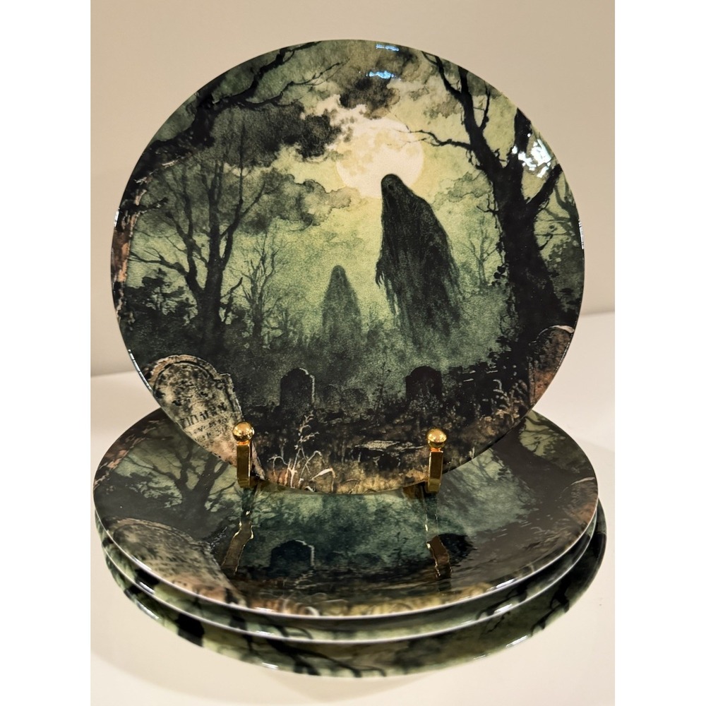 Set of 4 ZRIKE Haunted Graveyard Cemetery Scary Halloween Salad / Dessert Plates